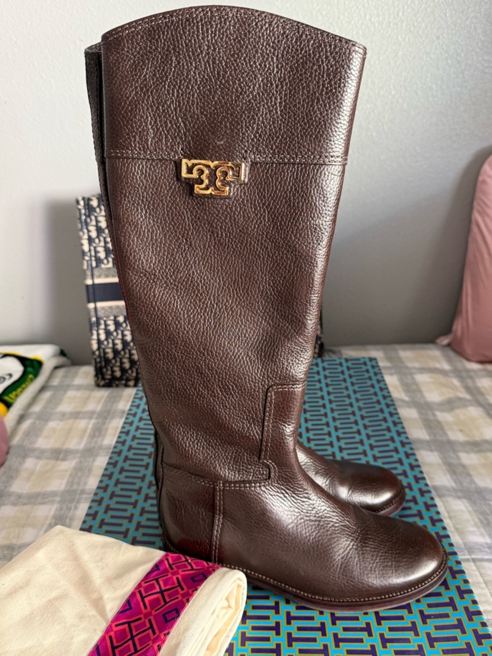 Tory Burch Dark Brown Leather Knee-High Riding Boots with Gold Logo